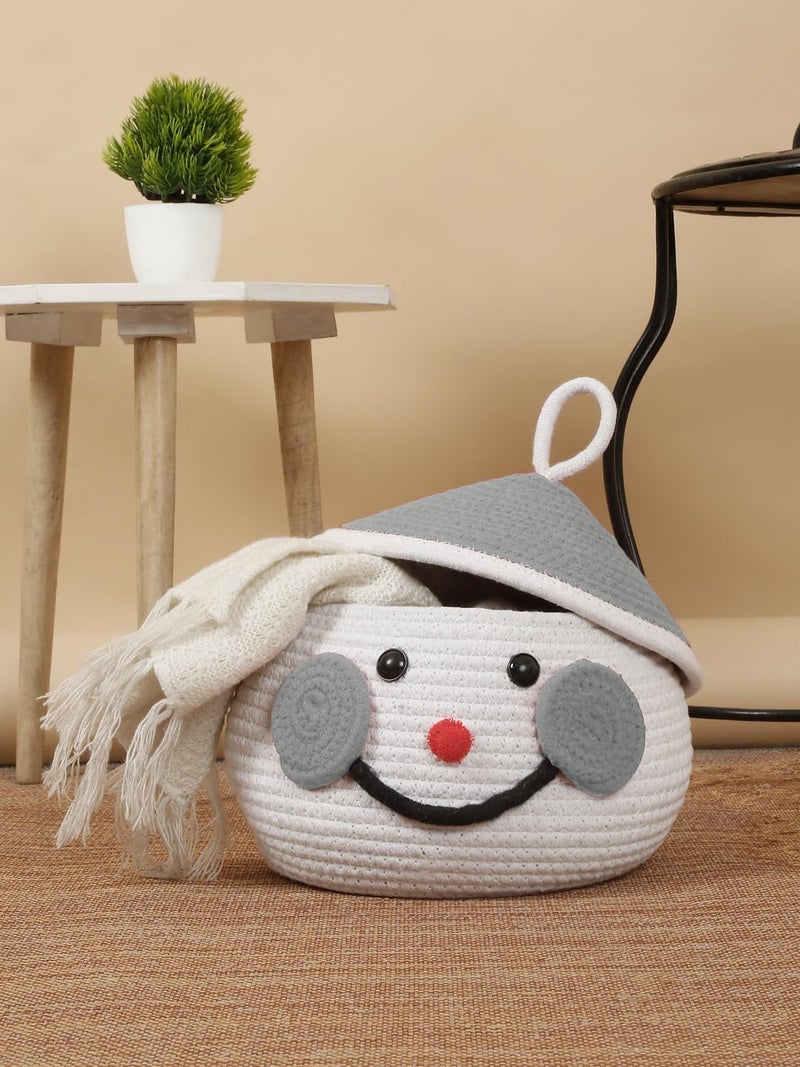BUNAII Jute Cotton Cute Hand Woven Fruit basket storage basket Oraganizer Box For jewellery toys cosmetics and for multipurpose uses with cap White Pack of 1 11 x 11 x 7 Inches  - Image 2