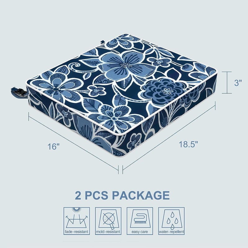 LVTXIII Outdoor Chair Cushions 18.5x16x3 Inch, Square Water-Repellent Patio Seat Cushions with Ties & Hidden Zipper, 2 Pack Thick Foam Chair Pads for Garden Furniture, Flower Navy - Image 3