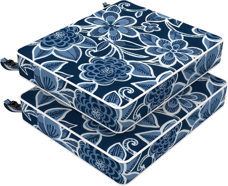 LVTXIII Outdoor Chair Cushions 18.5x16x3 Inch, Square Water-Repellent Patio Seat Cushions with Ties & Hidden Zipper, 2 Pack Thick Foam Chair Pads for Garden Furniture, Flower Navy - Image 1