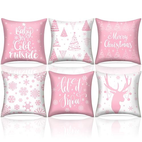 VitalCozy 6 Pcs 18 x 18 inch Christmas Throw Pillow Covers Xmas Cushion Covers Pillow Cases Snowflake Winter Throw Pillow Covers Christmas Decor for Bedroom Sofa Couch Cushion Square Home Pink - Image 1
