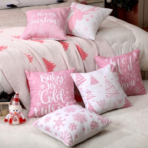 VitalCozy 6 Pcs 18 x 18 inch Christmas Throw Pillow Covers Xmas Cushion Covers Pillow Cases Snowflake Winter Throw Pillow Covers Christmas Decor for Bedroom Sofa Couch Cushion Square Home Pink - Image 3