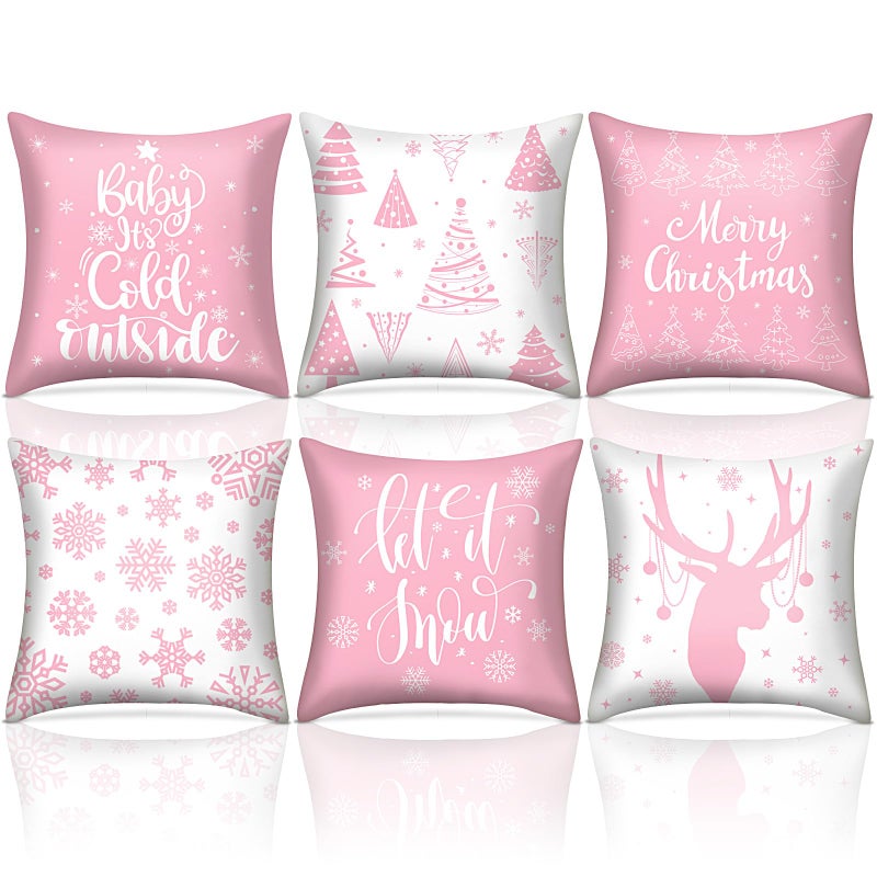 VitalCozy 6 Pcs 18 x 18 inch Christmas Throw Pillow Covers Xmas Cushion Covers Pillow Cases Snowflake Winter Throw Pillow Covers Christmas Decor for Bedroom Sofa Couch Cushion Square Home Pink - Image 2