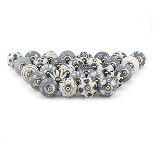 Craft Trade 30-Pack Grey Ceramic Knobs - Decorative Hand-Painted Round Cabinet Pulls & Drawer Handles - Vintage Boho Style Grey and White Hardware Set for Dresser, Wardrobe, Kitchen & Bathroom - Image 1