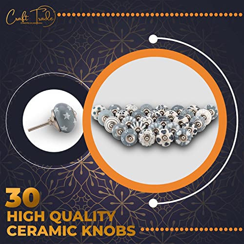 Craft Trade 30-Pack Grey Ceramic Knobs - Decorative Hand-Painted Round Cabinet Pulls & Drawer Handles - Vintage Boho Style Grey and White Hardware Set for Dresser, Wardrobe, Kitchen & Bathroom - Image 2