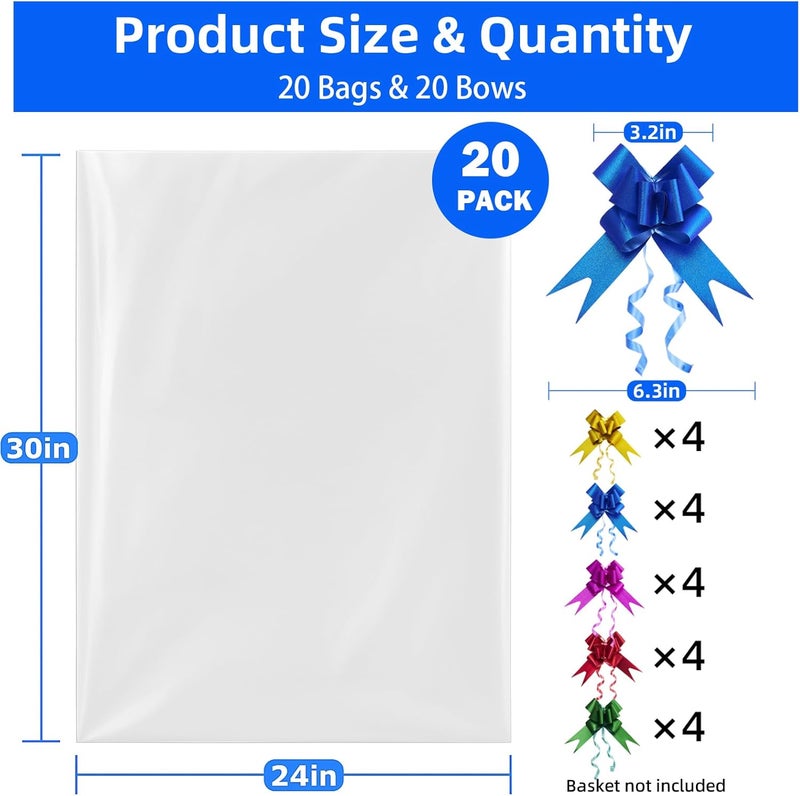 20 Pcs Cellophane Bags for Gift Baskets with Colorful Pull Bows - 24 x 30 Inches - Image 2
