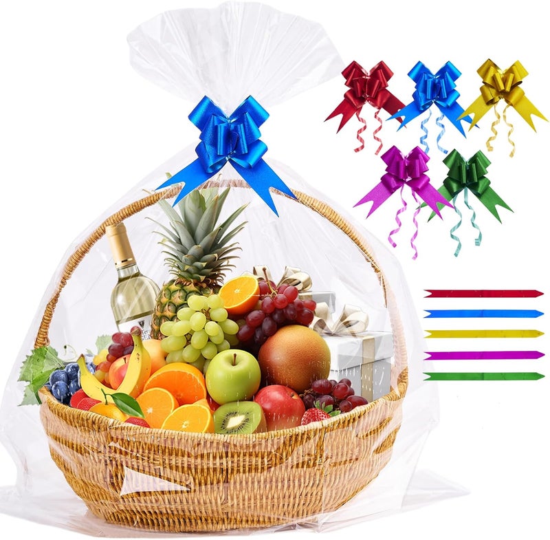20 Pcs Cellophane Bags for Gift Baskets with Colorful Pull Bows - 24 x 30 Inches - Image 1