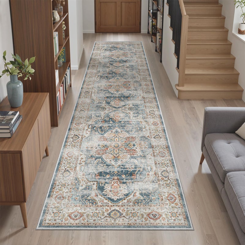 Madane Runner Rug 2x8, Washable Hallway Runner Rugs, Non-Slip Low-Pile Soft Kitchen Rug Runner Laundry Room Rug, Vintage Throw Entry Foyer Mat for Entrance Living Room (Navy, 2 x 8) - Image 3