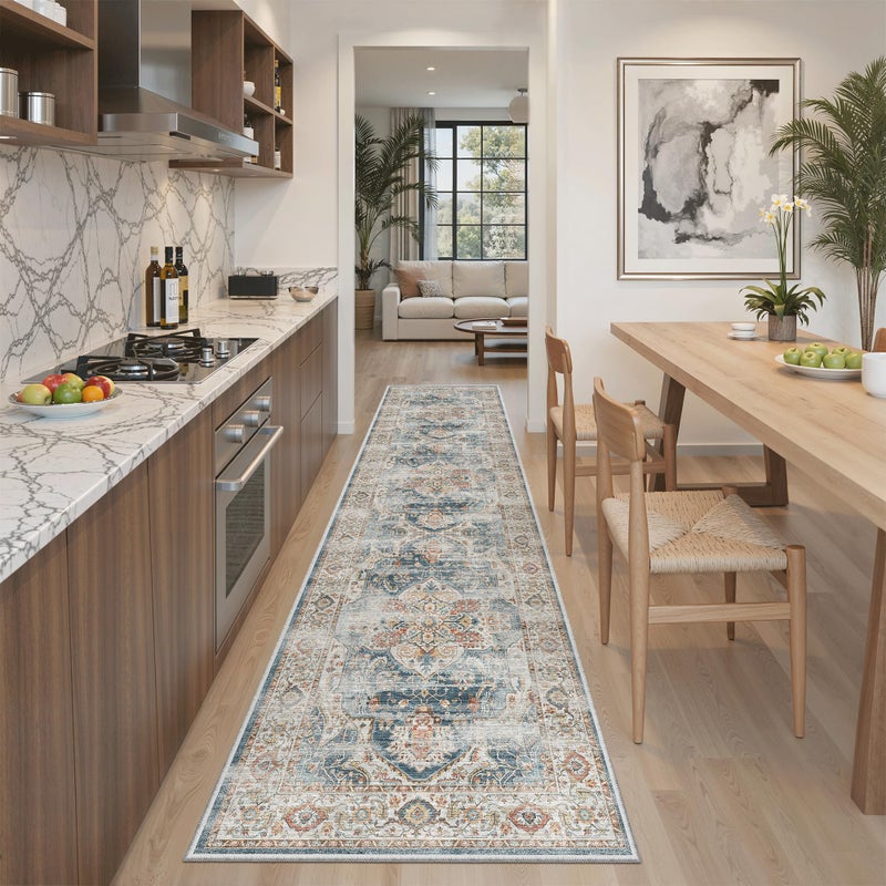 Madane Runner Rug 2x8, Washable Hallway Runner Rugs, Non-Slip Low-Pile Soft Kitchen Rug Runner Laundry Room Rug, Vintage Throw Entry Foyer Mat for Entrance Living Room (Navy, 2 x 8) - Image 1