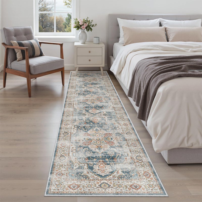 Madane Runner Rug 2x8, Washable Hallway Runner Rugs, Non-Slip Low-Pile Soft Kitchen Rug Runner Laundry Room Rug, Vintage Throw Entry Foyer Mat for Entrance Living Room (Navy, 2 x 8) - Image 4