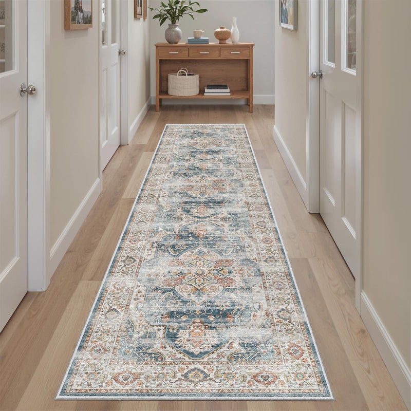 Madane Runner Rug 2x8, Washable Hallway Runner Rugs, Non-Slip Low-Pile Soft Kitchen Rug Runner Laundry Room Rug, Vintage Throw Entry Foyer Mat for Entrance Living Room (Navy, 2 x 8) - Image 2