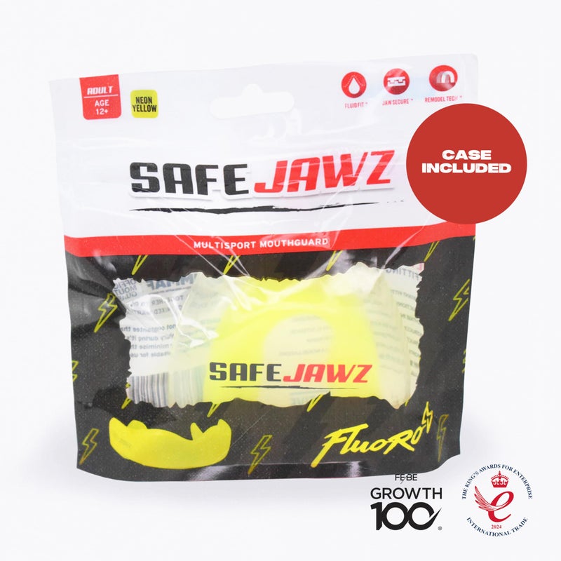 سيفجوز واقي الفم الرياضي من Safejawz مناسب للبالغين والصغار مع حافظة للملاكمة وكرة السلة واللاكروس وكرة القدم والفنون القتالية والهوكي وجميع الرياضات التي تتطلب الاحتكاك (للبالغين بعمر 12 عامًا فما فوق باللون الأصفر) - Image 5