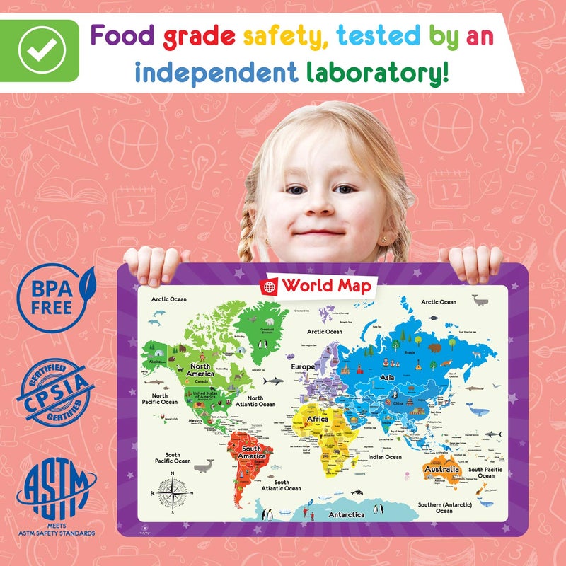 Simply Magic 5 Placemats for Kids - Kids Placemat Non Slip, Washable Reusable Children Placemat, Educational Placemats: USA and World Maps, Periodic Table, US Presidents, Plastic Place Mats for Kids - Image 5