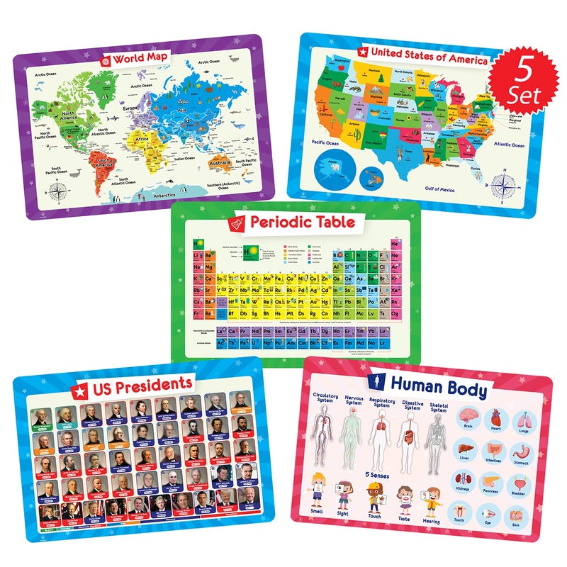 Simply Magic 5 Placemats for Kids - Kids Placemat Non Slip, Washable Reusable Children Placemat, Educational Placemats: USA and World Maps, Periodic Table, US Presidents, Plastic Place Mats for Kids - Image 1