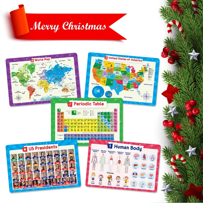 Simply Magic 5 Placemats for Kids - Kids Placemat Non Slip, Washable Reusable Children Placemat, Educational Placemats: USA and World Maps, Periodic Table, US Presidents, Plastic Place Mats for Kids - Image 2