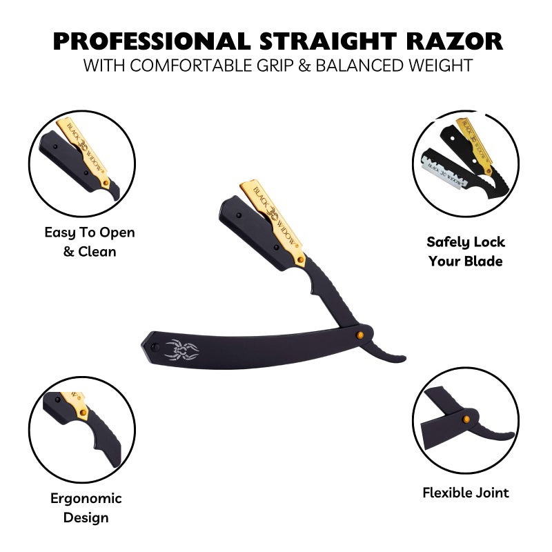 Black Widow Professional Straight Razor â€“ Matte Black & Gold Barber Razor for Men â€“ 1.5 mm Exposure, Swing Lock Grip, Stainless Steel Shavette for Barbers & Beginners pack of 10 blades - Image 2