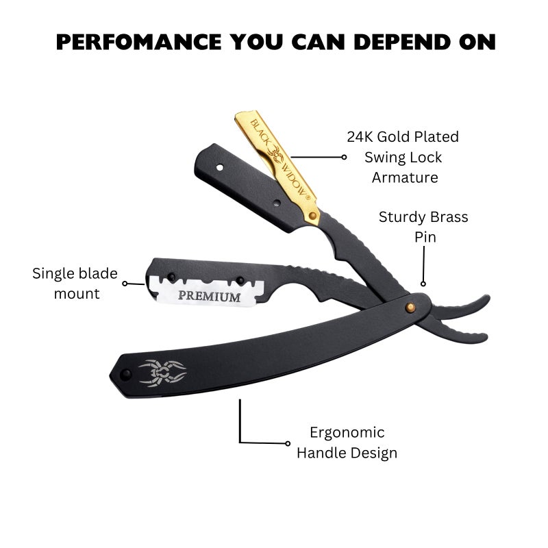 Black Widow Professional Straight Razor â€“ Matte Black & Gold Barber Razor for Men â€“ 1.5 mm Exposure, Swing Lock Grip, Stainless Steel Shavette for Barbers & Beginners pack of 10 blades - Image 3
