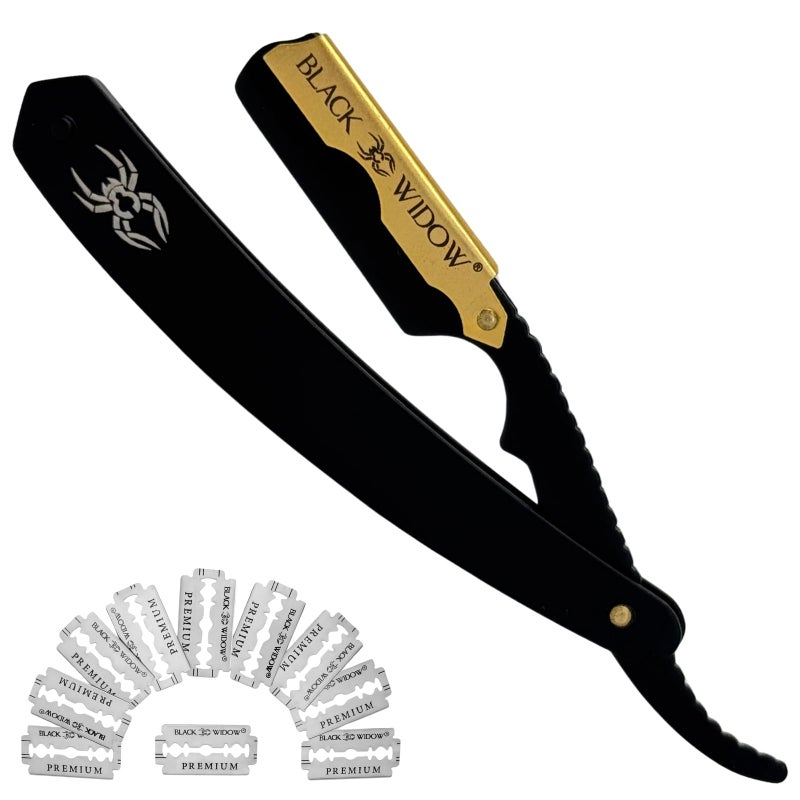 Black Widow Professional Straight Razor â€“ Matte Black & Gold Barber Razor for Men â€“ 1.5 mm Exposure, Swing Lock Grip, Stainless Steel Shavette for Barbers & Beginners pack of 10 blades - Image 1