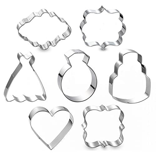 Maykito Wedding Cookie Cutter Set-7 Piece-3 Inches-Heart, Diamond Ring, Wedding Cake,Wedding Dress, Rectangle, Square and Oval Plaque Cookie Cutters Molds for Bridal Shower Engagement - Image 1