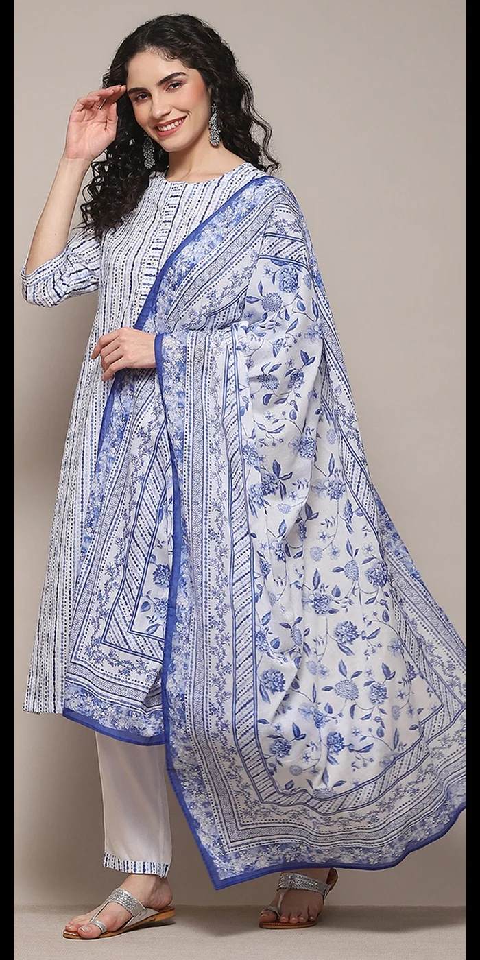 Biba White Blue Cotton Straight Suit Set