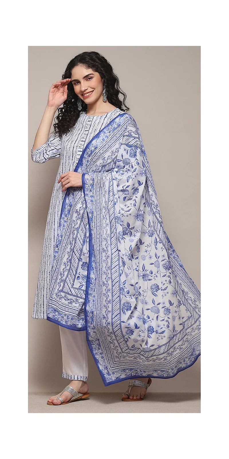 Biba White Blue Cotton Straight Suit Set
