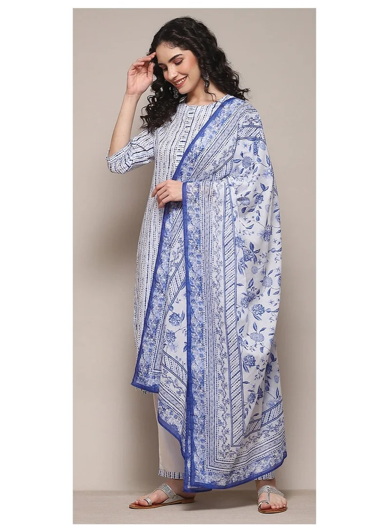 Biba  White Blue Cotton Straight Suit Set for Women | Best Price UAE