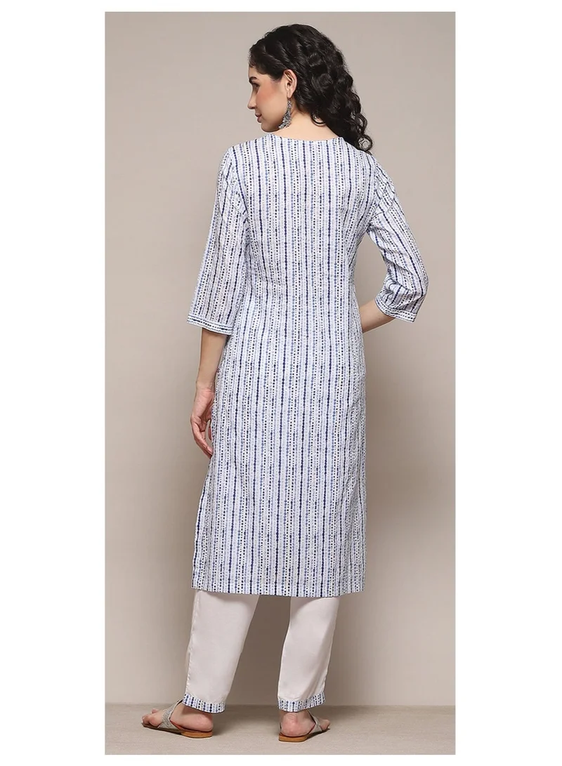 Biba  White Blue Cotton Straight Suit Set for Women | Best Price UAE