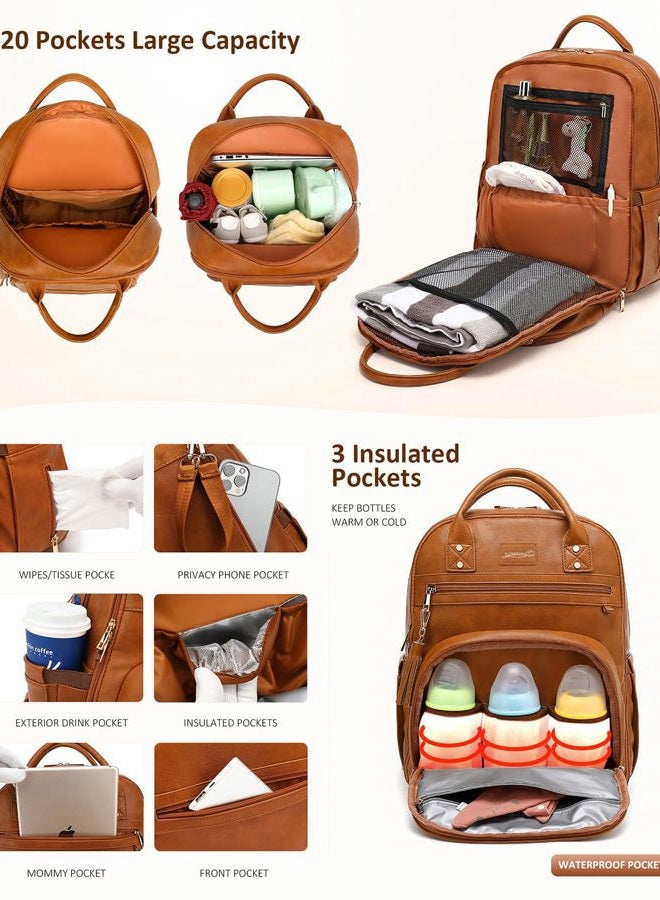 ROSEGIN Premium Vegan Leather Diaper Bag Backpack with Waterproof Changing Pad, Reinforced Zippers & Odor-Free, 20 Pockets Pro Organizer, Fits 15.6" Laptop, Stroller Straps, Baby Bag for Mom, Brown - Image 2