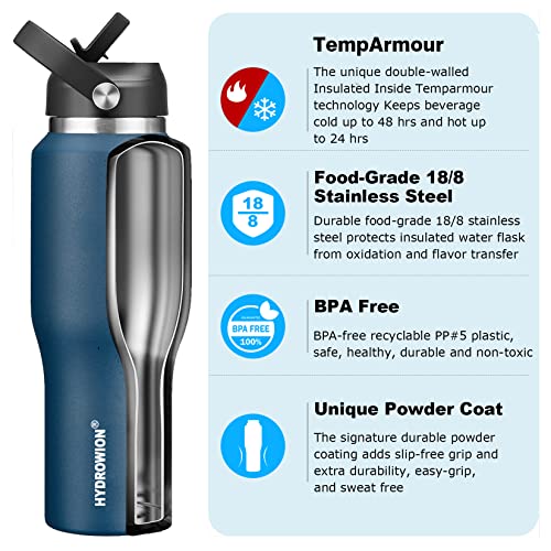 HYDROWION 32oz Stainless Steel Water Bottle(Cold for 48 Hrs, Hot for 24 Hrs), Double Wall Vacuum Insulated Water Flask with Straw Lid, Spout Lid and Flex Cap, Fit in Any Car Cup Holder, Cobalt - Image 2