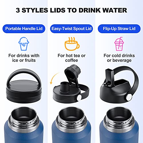 HYDROWION 32oz Stainless Steel Water Bottle(Cold for 48 Hrs, Hot for 24 Hrs), Double Wall Vacuum Insulated Water Flask with Straw Lid, Spout Lid and Flex Cap, Fit in Any Car Cup Holder, Cobalt - Image 4