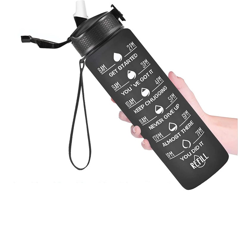 JUGTE Plastic Water Bottles 1 Litre Sipper Bottle For Adults Motivational Water Bottle Sipper With Straw & Time For Gym Office School Home Water Bottle For Kids (Black) - Image 1