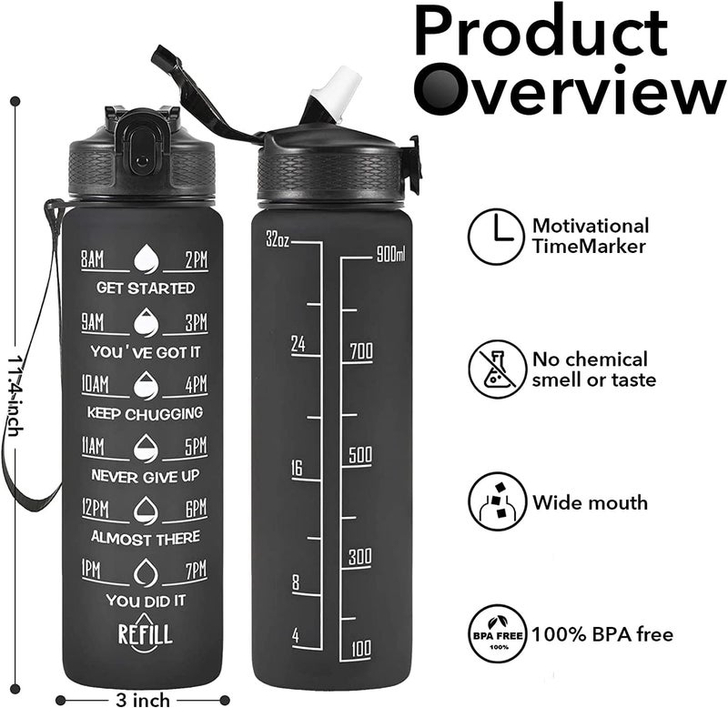 JUGTE Plastic Water Bottles 1 Litre Sipper Bottle For Adults Motivational Water Bottle Sipper With Straw & Time For Gym Office School Home Water Bottle For Kids (Black) - Image 2