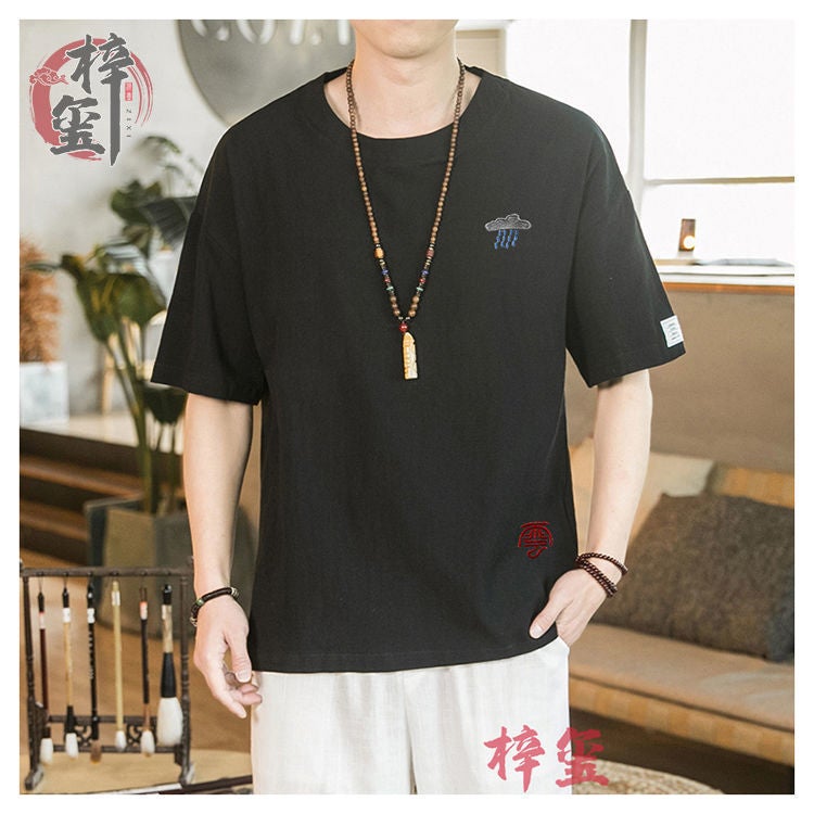 Cotton Linen T-shirt Men's Chinese Style Seven-point Sleeve Men's Buckle Five-point Sleeve Top plus size V-Neck Thin Summer Loose - Image 1