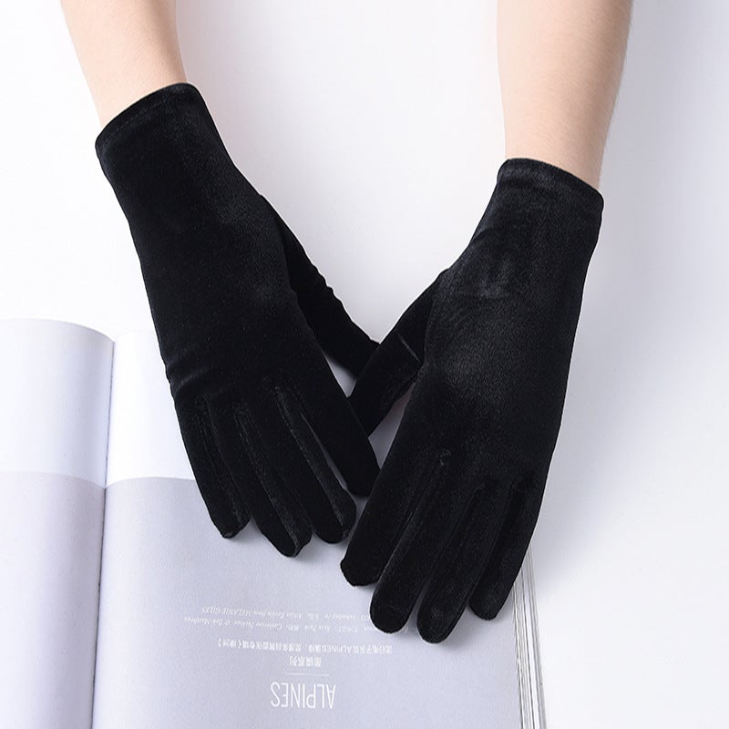Solid Color Golden Velvet Knitted Gloves for Womens Warm and Velvet-Lined Work Thickened Elastic Five-Finger Full-Finger Students in Autumn and Winter Black 