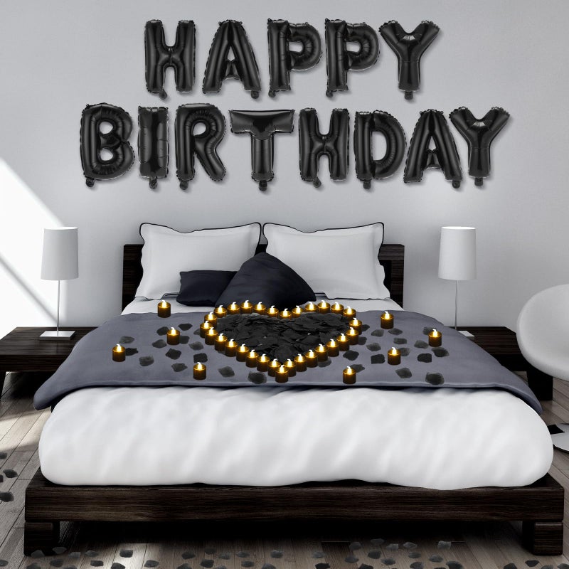 Charnoel Black Happy Birthday Balloons Decorations Happy Birthday Letter Balloons Banner Set with 24pcs Round Flameless LED Candles and 2000pcs Artificial Rose Petals for Women Men Room Party Decor - Image 3