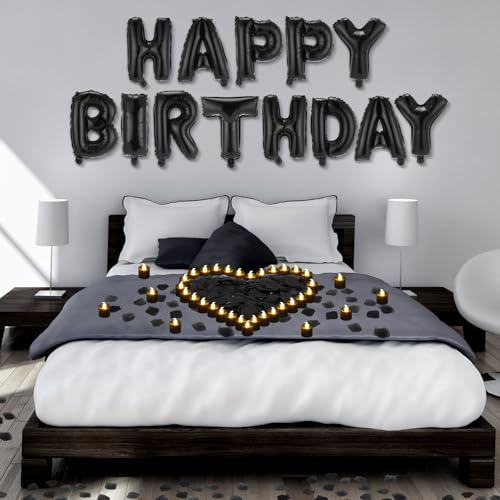 Charnoel Black Happy Birthday Balloons Decorations Happy Birthday Letter Balloons Banner Set with 24pcs Round Flameless LED Candles and 2000pcs Artificial Rose Petals for Women Men Room Party Decor - Image 1