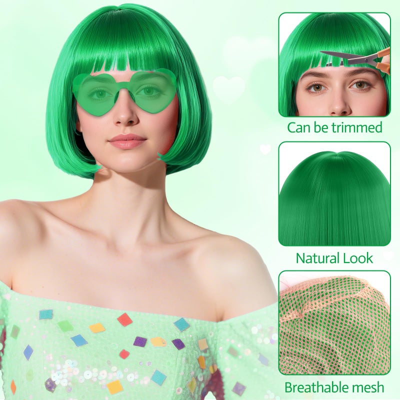 PLULON Green Bob Wig with Heart Sunglasses and Hair Cap, Colorful Short Bob Wigs Synthetic Party Wigs Funny Cosplay Hairpieces for Women Men Daily Bachelorette Halloween Costume Party Decorations - Image 3