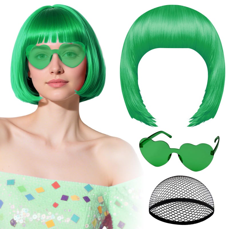 PLULON Green Bob Wig with Heart Sunglasses and Hair Cap, Colorful Short Bob Wigs Synthetic Party Wigs Funny Cosplay Hairpieces for Women Men Daily Bachelorette Halloween Costume Party Decorations - Image 1