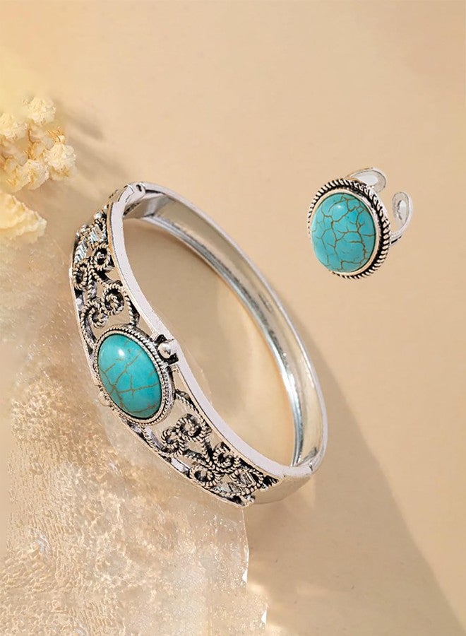 TOPACC Turquoise Bracelet for Women with Turquoise Ring Western Cowgirl Bracelet Bohemian Jewelry Set for Western Outfit - Image 3