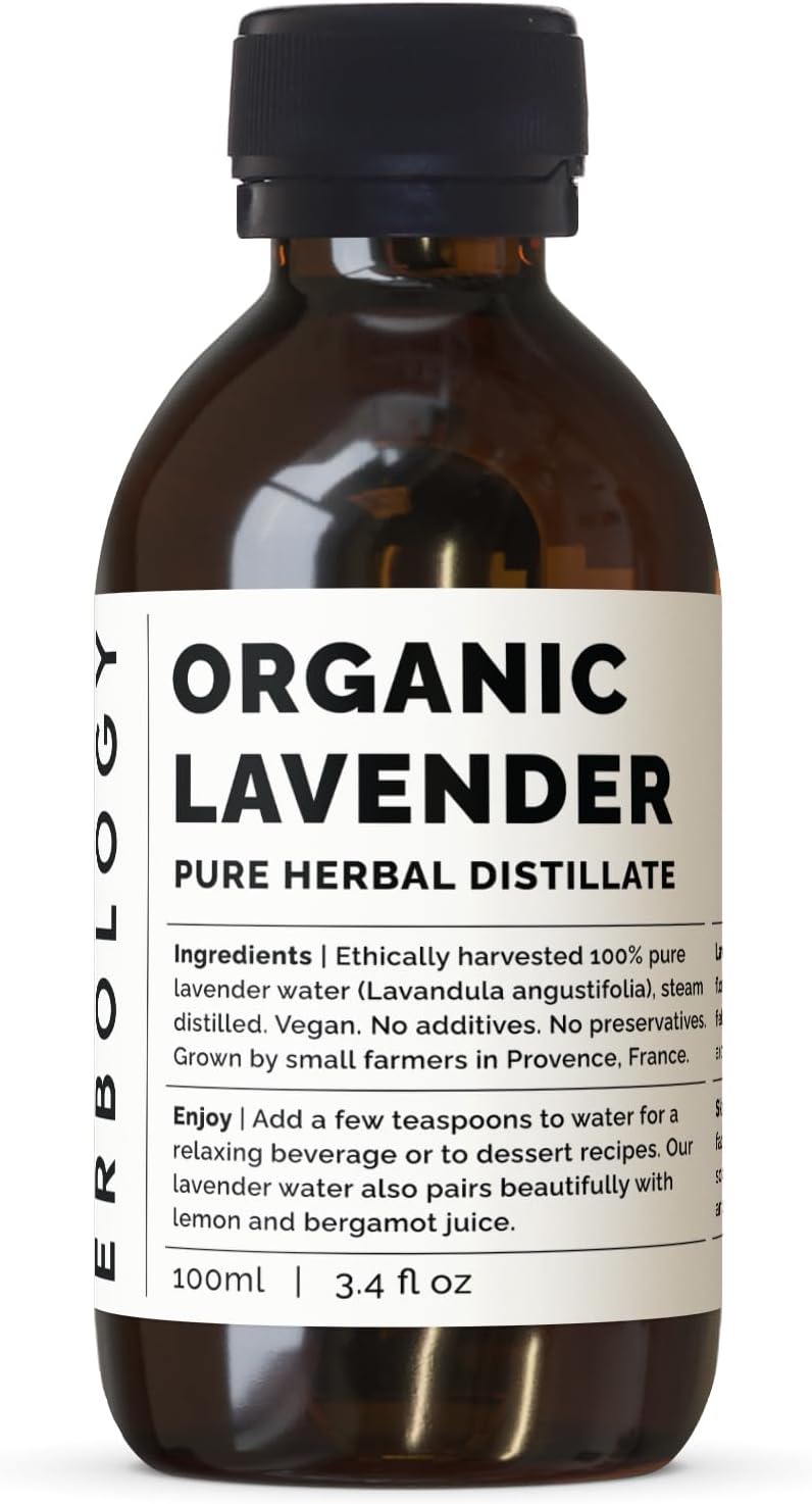 Erbology Organic Lavender Water 34 fl oz  Premium Food Grade Hydrolate of Lavender  Soothing and Relaxing  NonGMO  Recyclable Glass Bottle