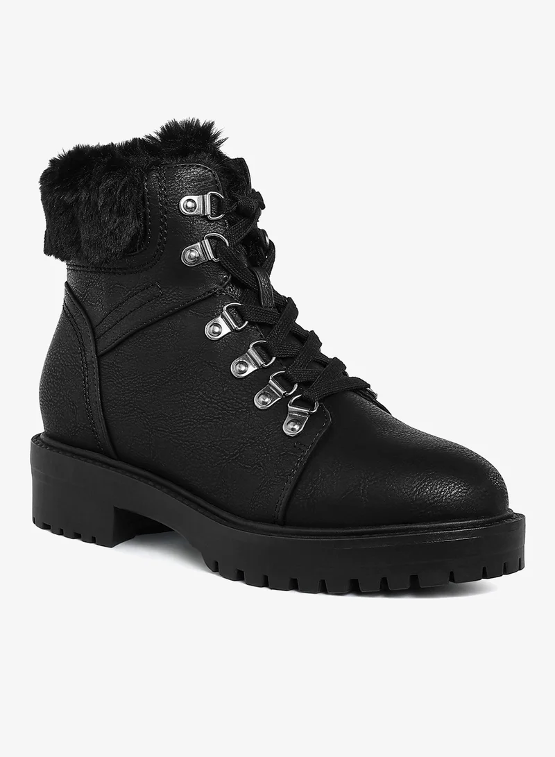 London Rag Faux Fur Collar Ankle Boots in Black