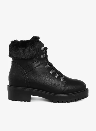 London Rag Faux Fur Collar Ankle Boots in Black