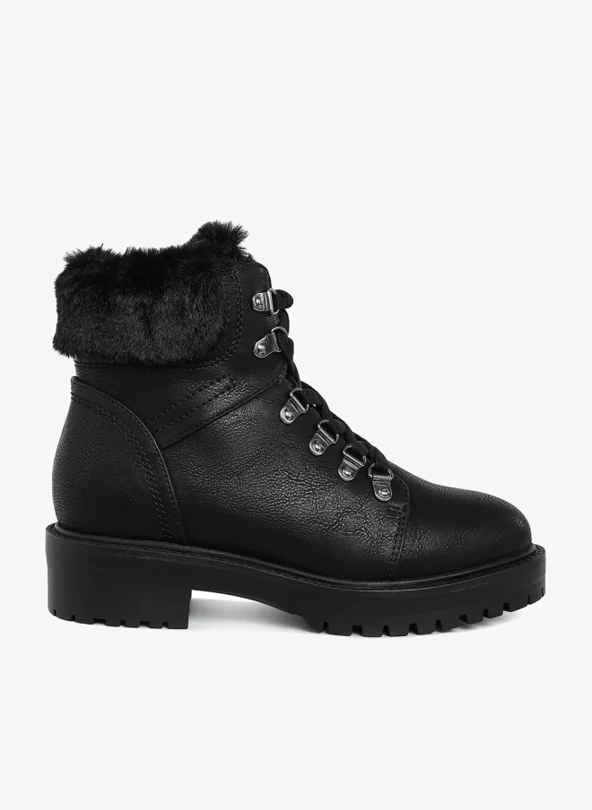 London Rag Faux Fur Collar Ankle Boots in Black