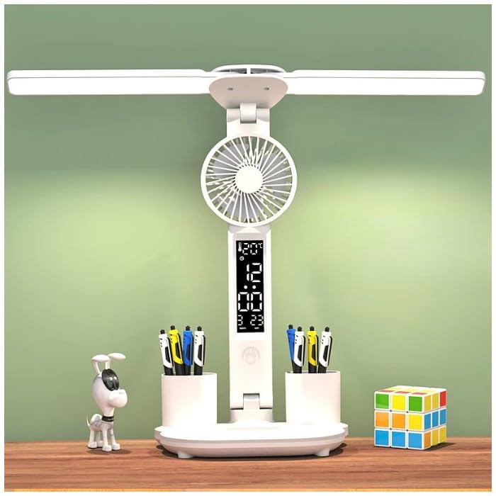 Rasdion Desk LampLight with Fan and 2 Pen Holder and Display USB Rechargeable Study Lamp 3 Modes LED Night Desk Light Perfect for Home Office Dorms and Kids Rooms Study Room - Image 1