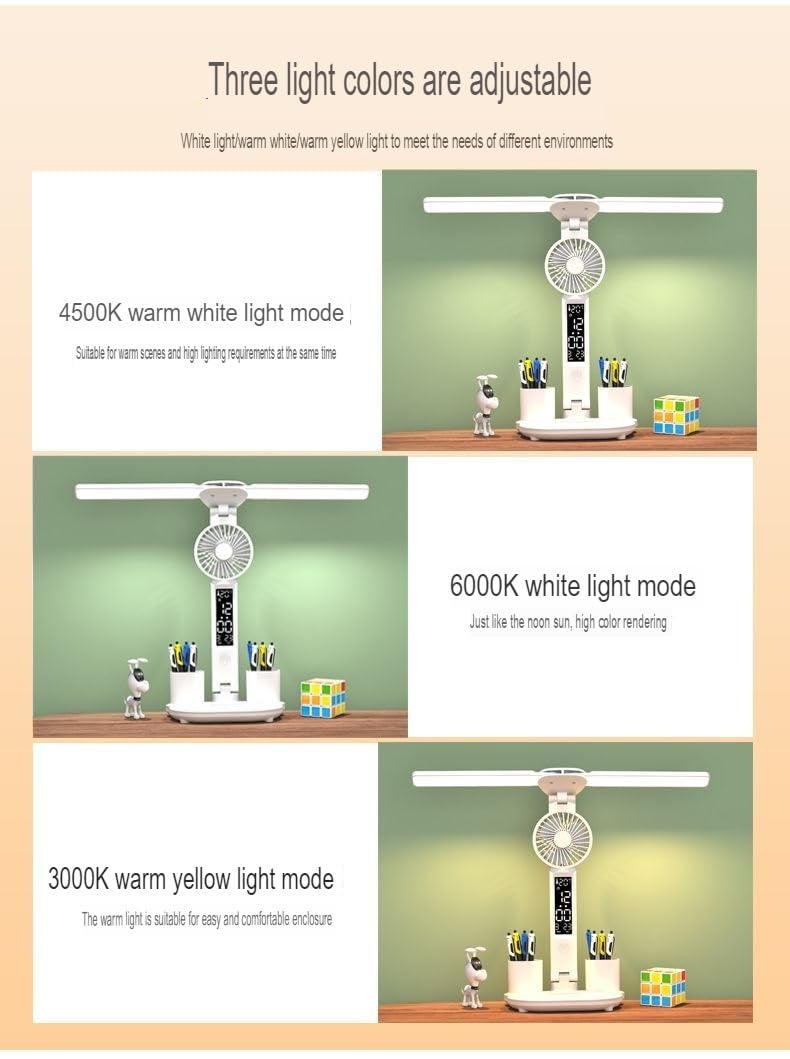 Rasdion Desk LampLight with Fan and 2 Pen Holder and Display USB Rechargeable Study Lamp 3 Modes LED Night Desk Light Perfect for Home Office Dorms and Kids Rooms Study Room - Image 4