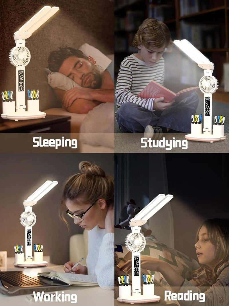 Rasdion Desk LampLight with Fan and 2 Pen Holder and Display USB Rechargeable Study Lamp 3 Modes LED Night Desk Light Perfect for Home Office Dorms and Kids Rooms Study Room - Image 5