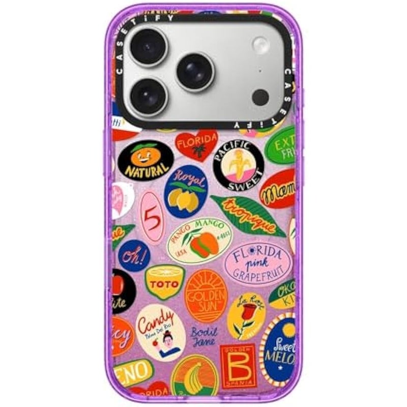 Casetify Impact iPhone 17 Pro Case 【Slim/Compatible with Magsafe / 8.2 ft. 4X Military Grade Drop Protection】 - Fruit Stickers - Glitter Purple - Image 1