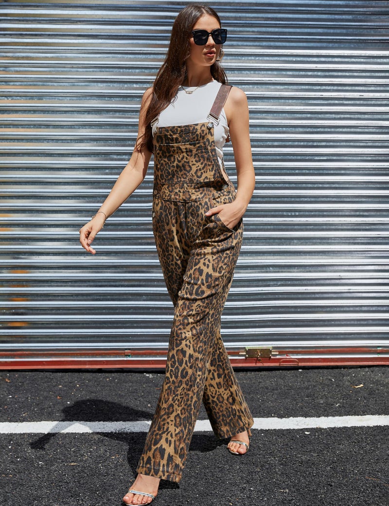 Odefou Leopard Print Overalls for Women Loose Fit Bib Coveralls Fashion Animal Jumpsuits Straight Leg Pants(Brown Leopard,M) - Image 3