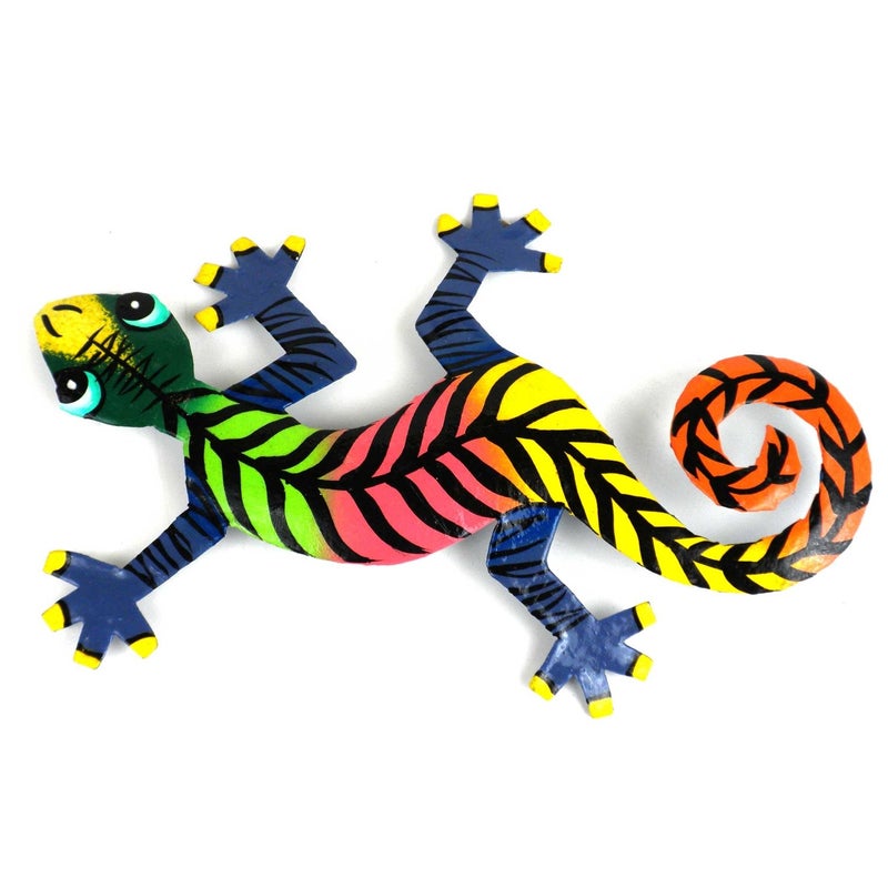 Global Crafts Global Crafts 8 Painted Gecko Recycled Haitian Metal Wall Art Multi Colored Leaf 