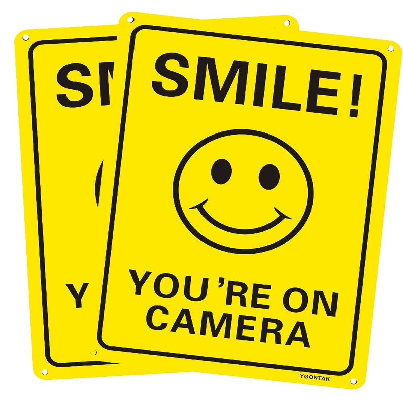 YGONTAK 2Pcs Smile You'Re On Camera Sign Reflective Video Surveillance Signs 10X7 Inch Aluminum Uv Protected Sign For Cctv Security Camera - Image 1