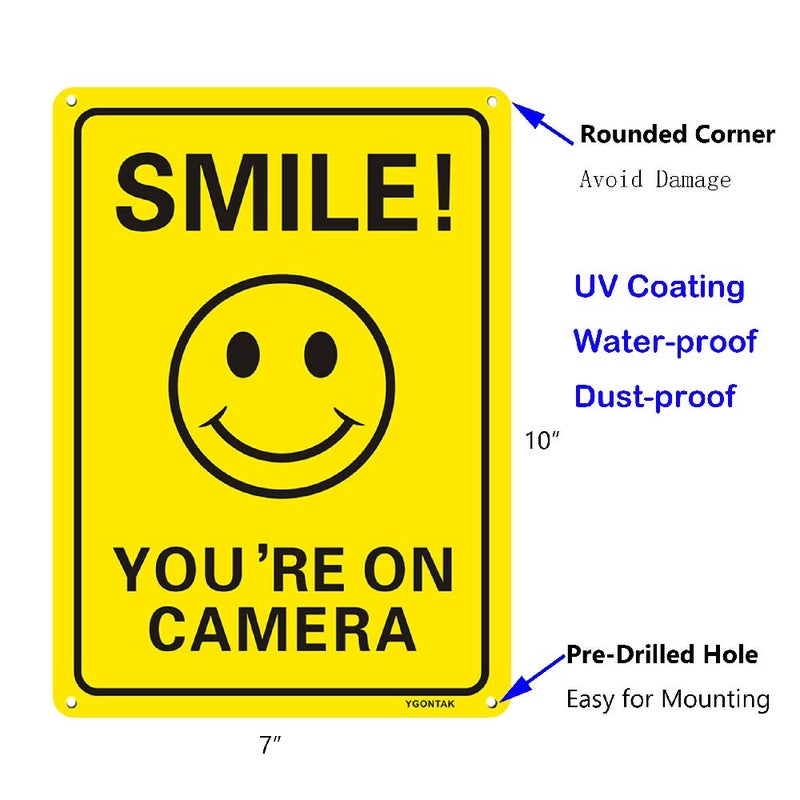 YGONTAK 2Pcs Smile You'Re On Camera Sign Reflective Video Surveillance Signs 10X7 Inch Aluminum Uv Protected Sign For Cctv Security Camera - Image 2